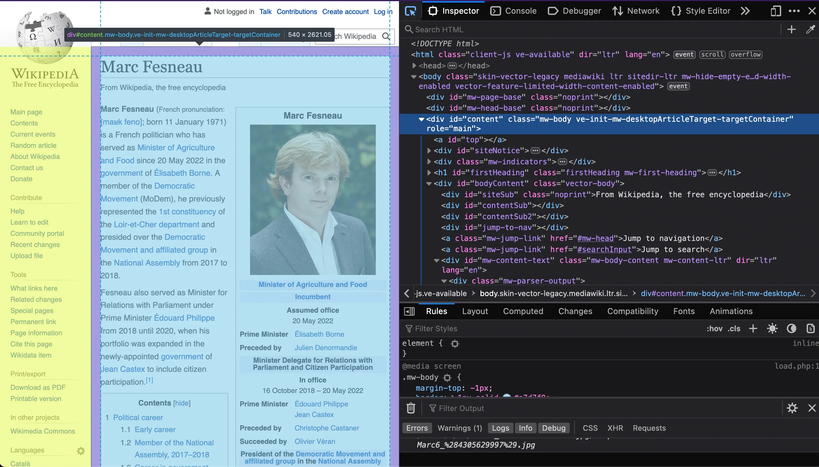 Image of a webpage being inspected using the browser dev tools. Learn the dev tools! They&#x27;re so useful.