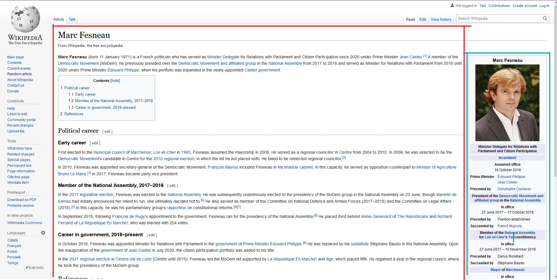 Marc Fesneau, French politician The wikipedia page of French politician Marc Fresneau. It has 2 coloured squares annotating it to select portions of the web page relevant to the following text